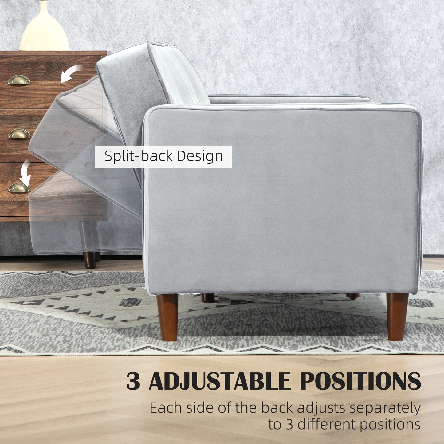 Modern Convertible Sofa Futon Velvet-Touch Tufted Couch Compact Loveseat With Adjustable Split Back