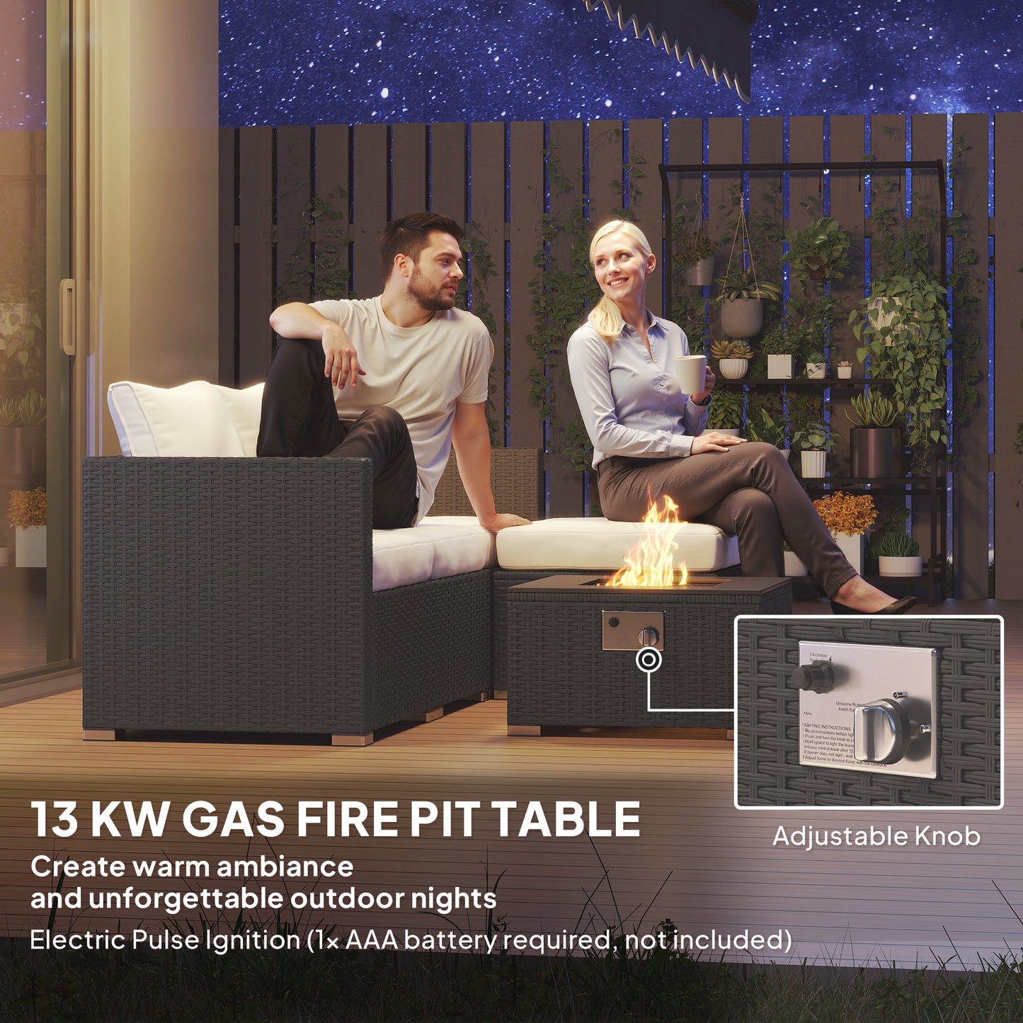Five Piece Rattan Garden Furniture Set With Gas Fire Pit Table And Footstool