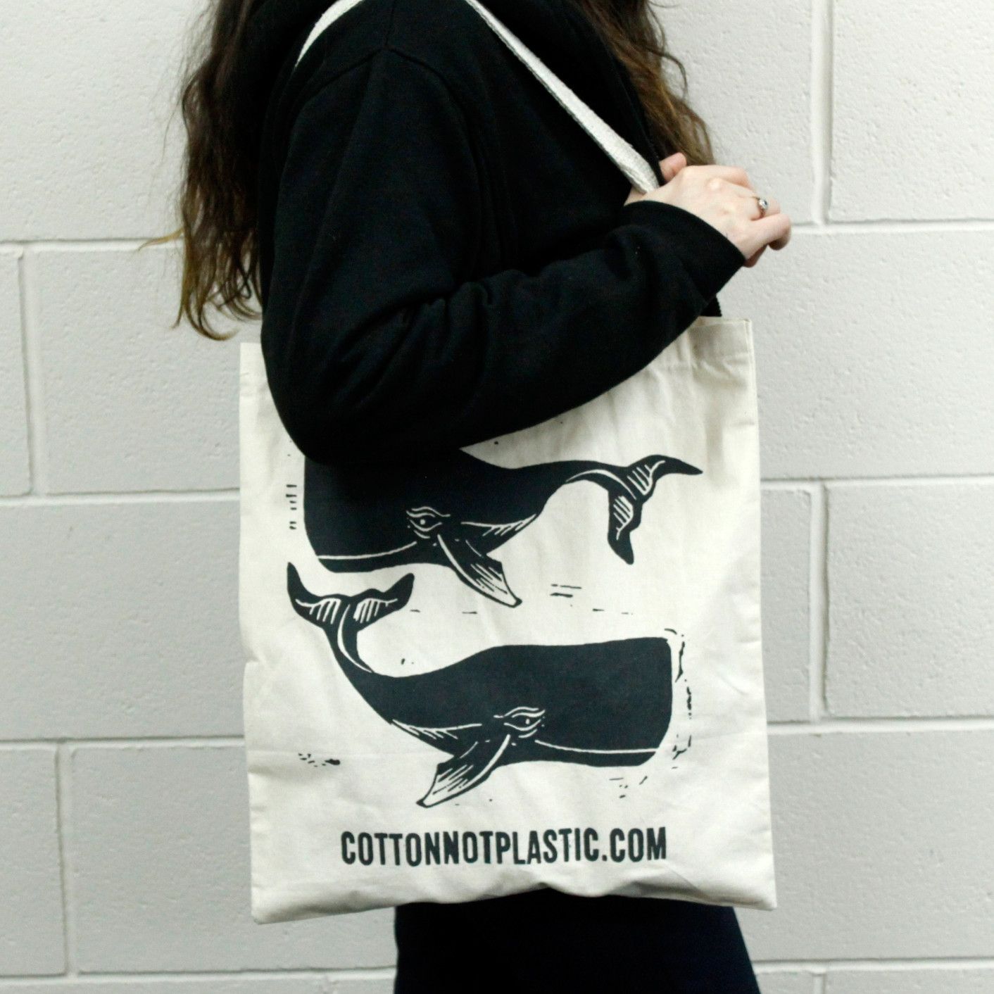 Large Natural 6oz Cotton Bag 38x42cm - WHALES