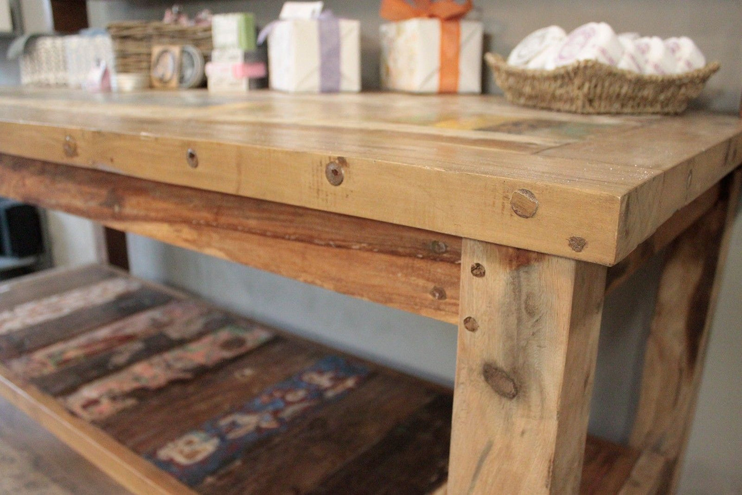 Reclaimed Timber Market Display Table with Shelves