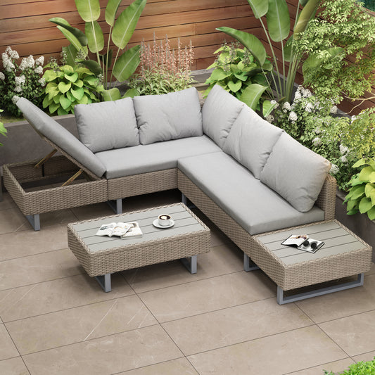 Mixed Khaki Rattan Corner Sofa Set with Coffee Table