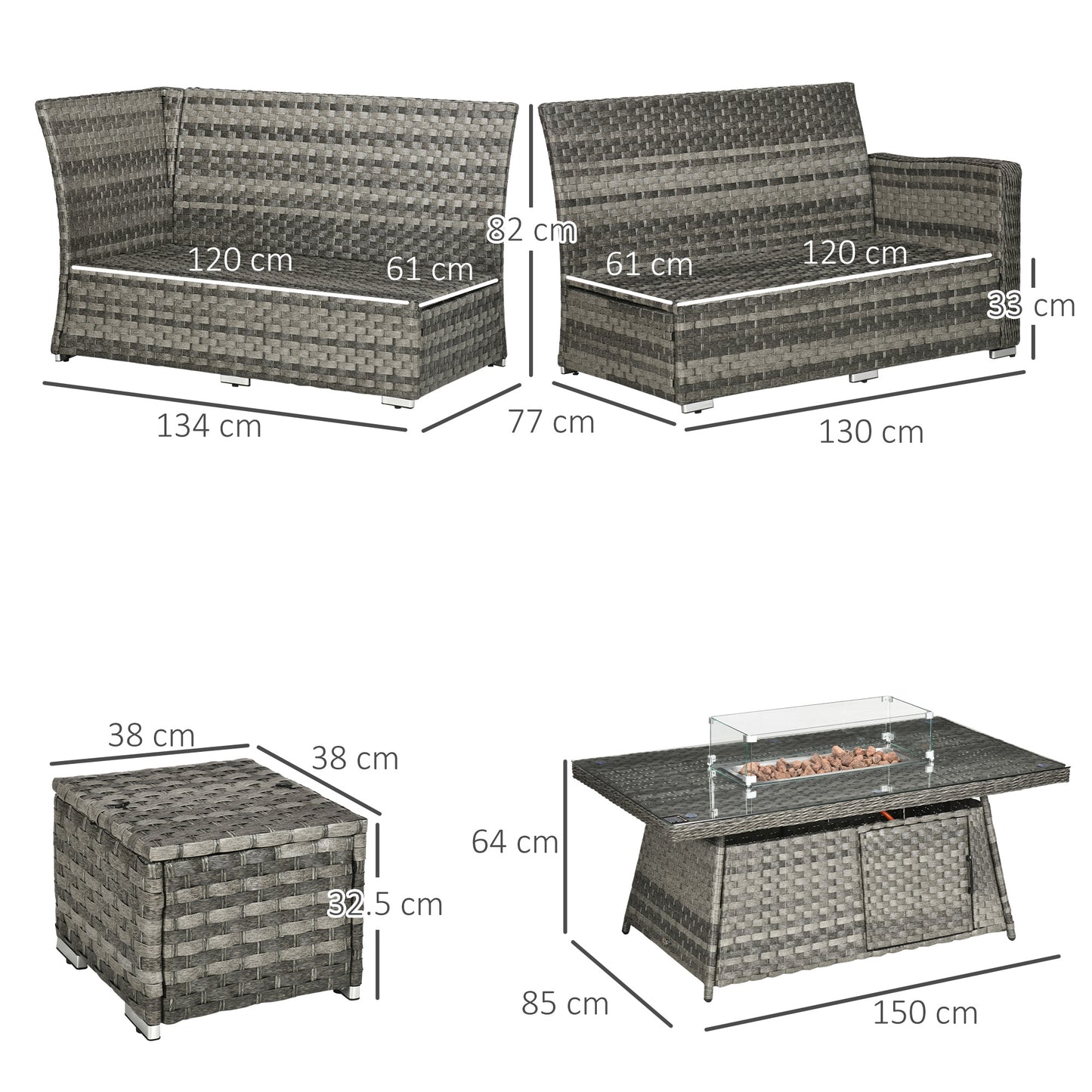 7 Piece Firepit Table Rattan Sofa Set - Grey