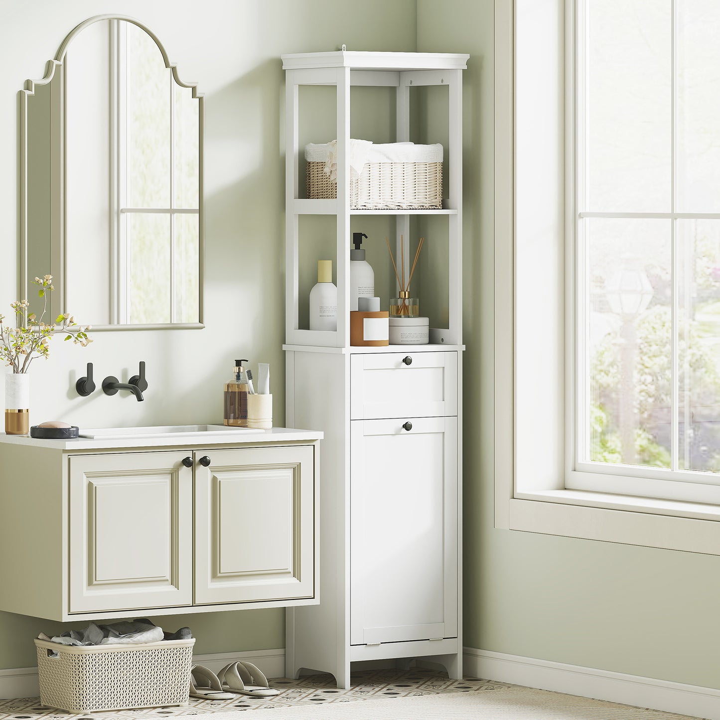Tall Bathroom Cabinet with Laundry Basket