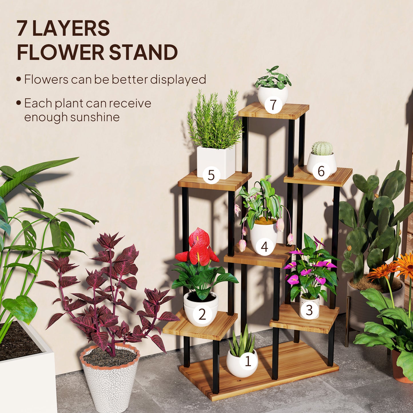 Seven Shelf Wooden Plant Stand