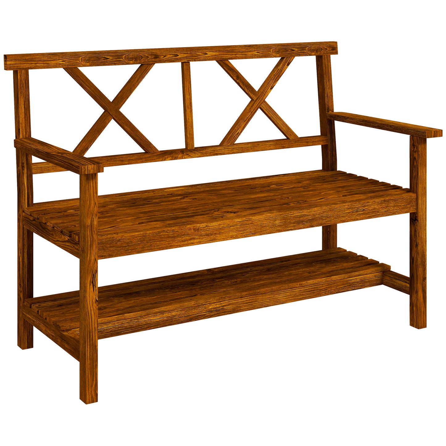 Two-Seater Fir Wood Bench With Bottom Shelf