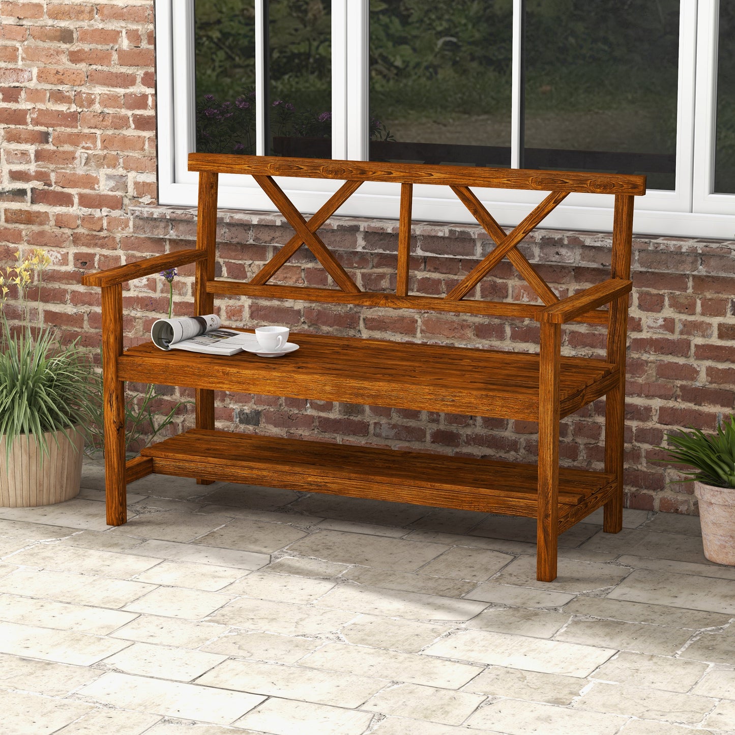 Two-Seater Fir Wood Bench With Bottom Shelf