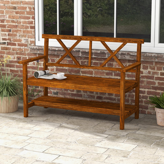 Two-Seater Fir Wood Bench With Bottom Shelf