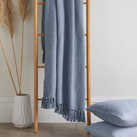 Aberdifi Woven Coastal Throw – Deep Blue Recycled Cotton Blend 130 x 180cm