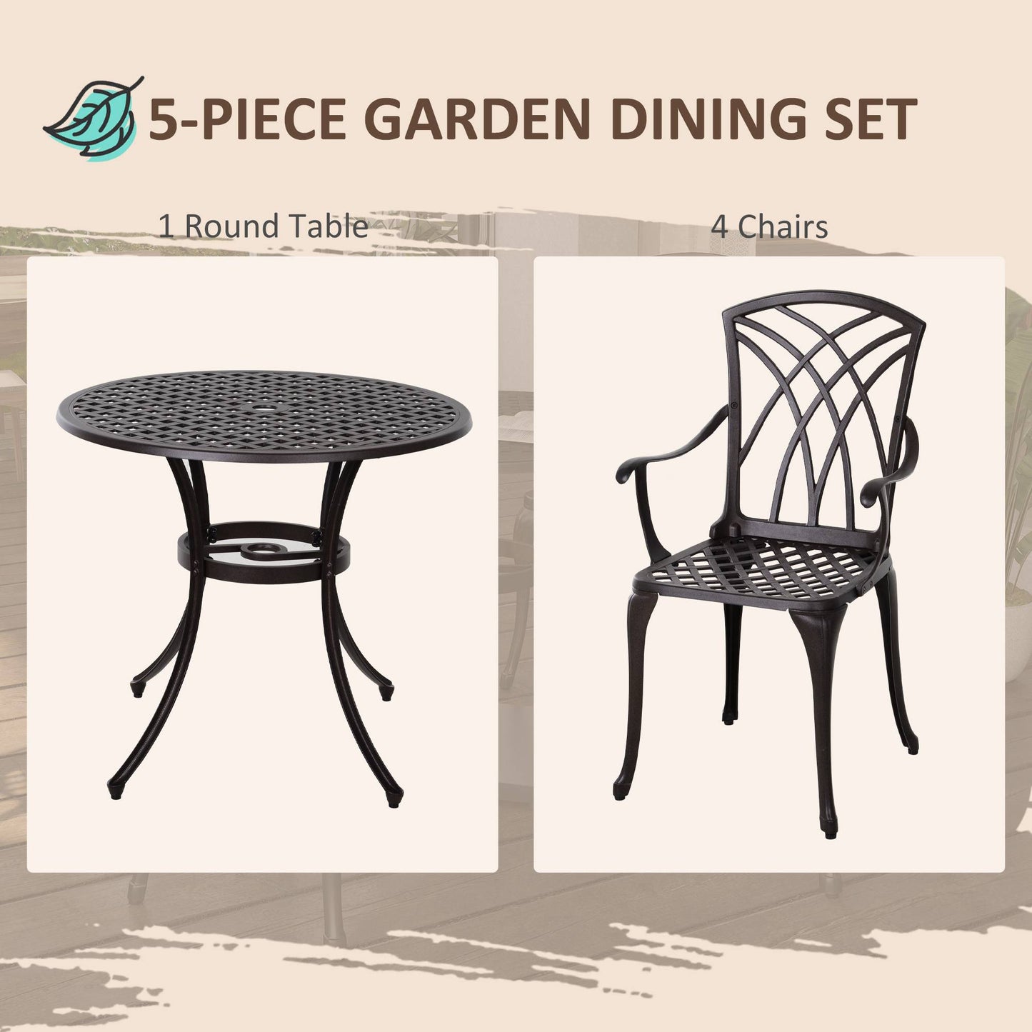 5 Piece Cast Aluminium Garden Dining Set For 4
