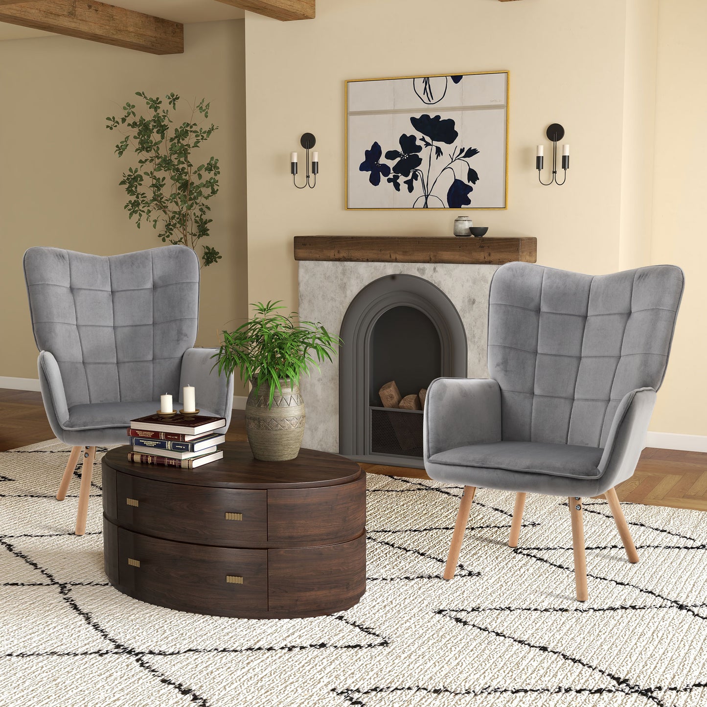 Set of Two Velvet-Touch Tufted Wingback Armchairs With Wooden Legs