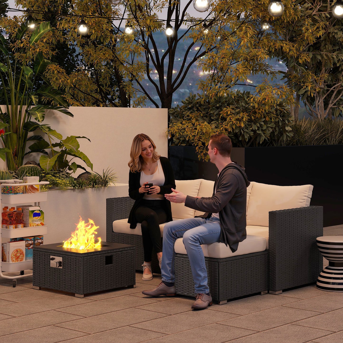Five Piece Rattan Garden Furniture Set With Gas Fire Pit Table And Footstool