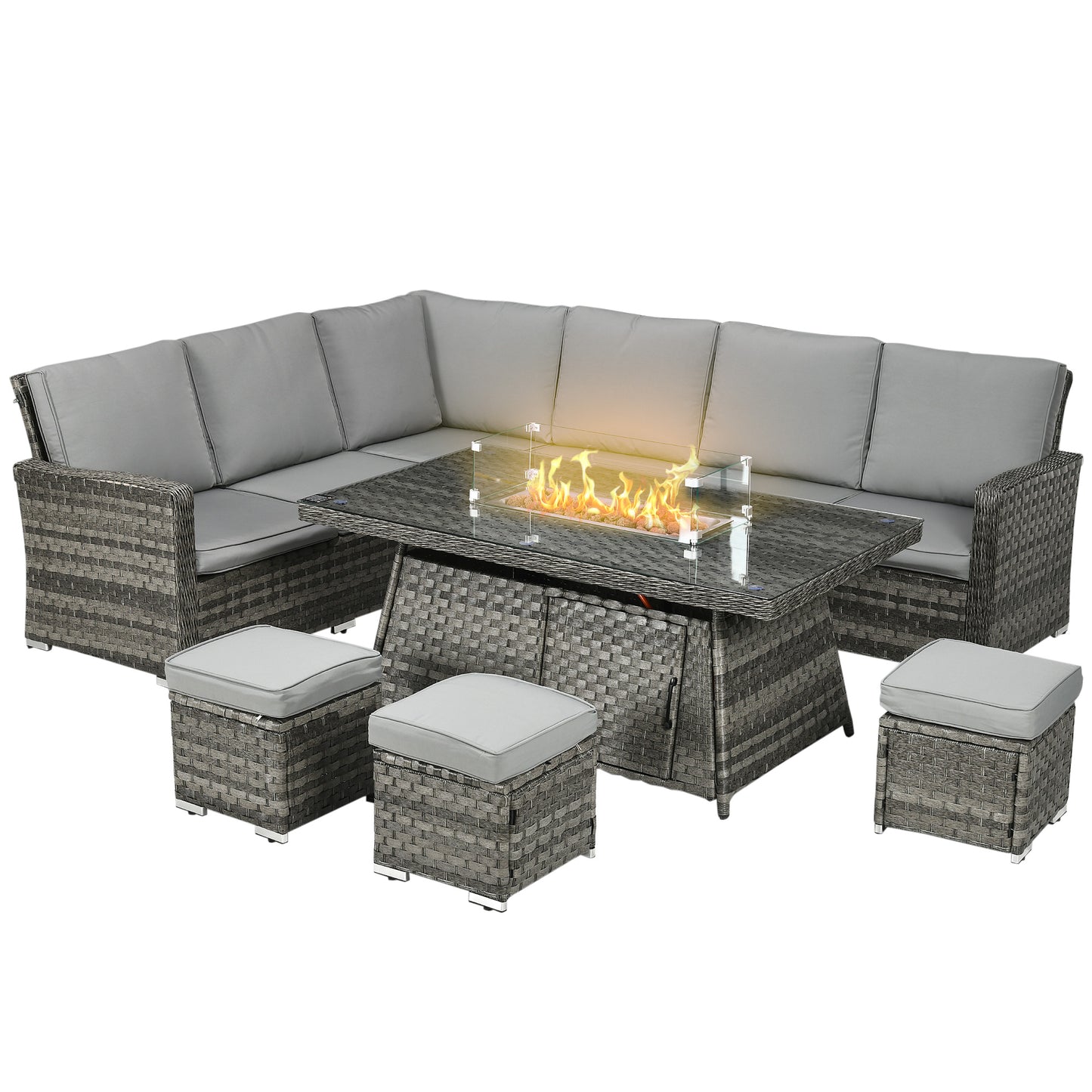 7 Piece Firepit Table Rattan Sofa Set - Grey