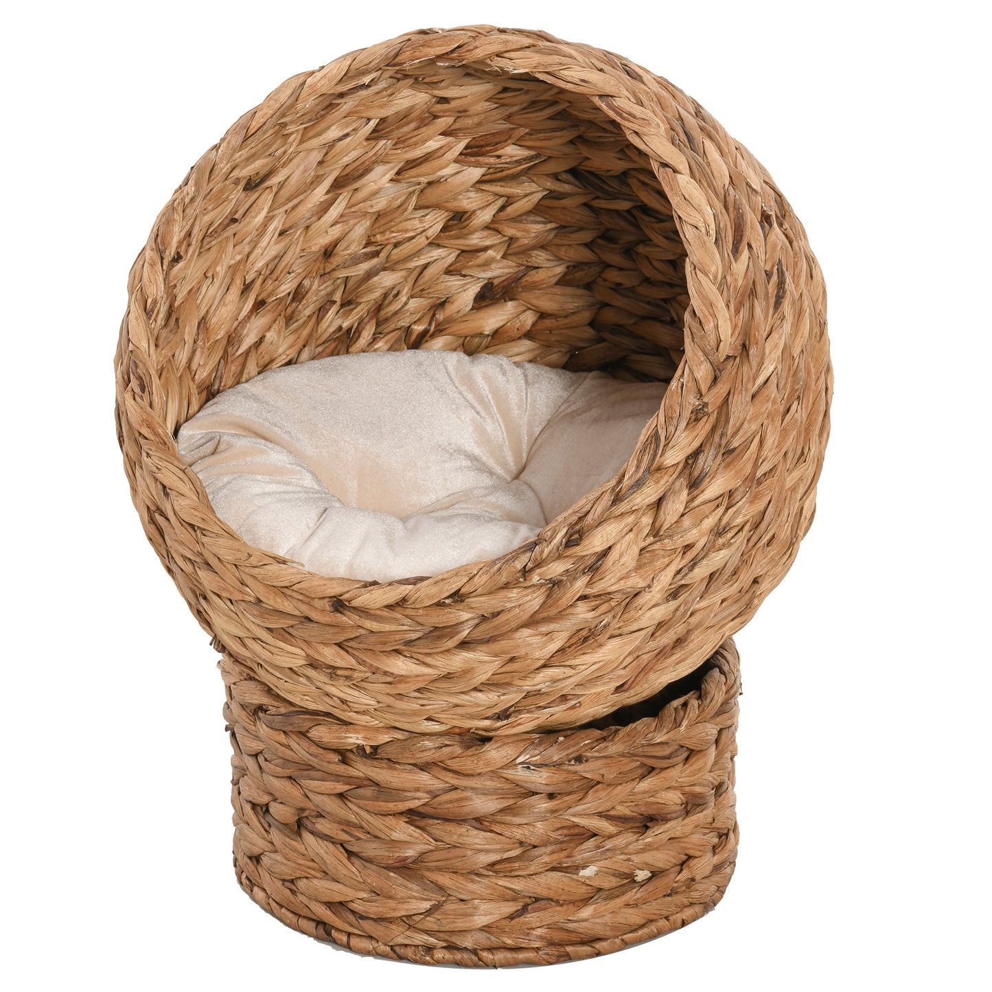 Raised Rattan Cat Basket With Cylindrical Base & Cushion