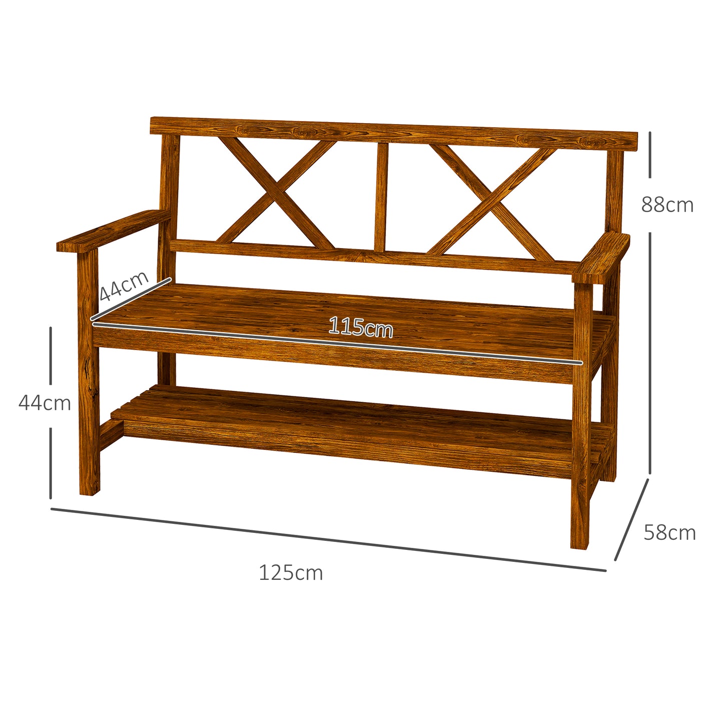 Two-Seater Fir Wood Bench With Bottom Shelf