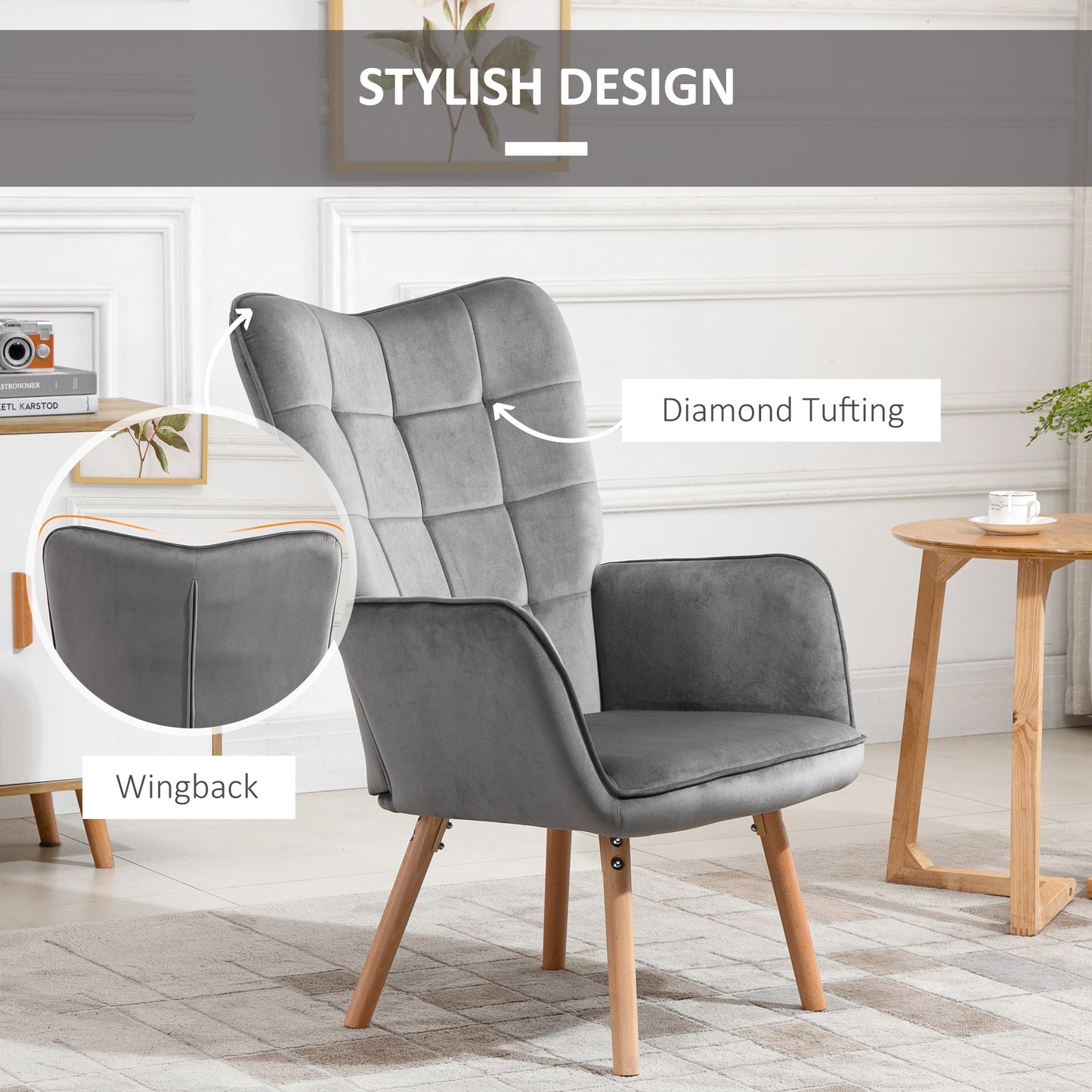 Set of Two Velvet-Touch Tufted Wingback Armchairs With Wooden Legs