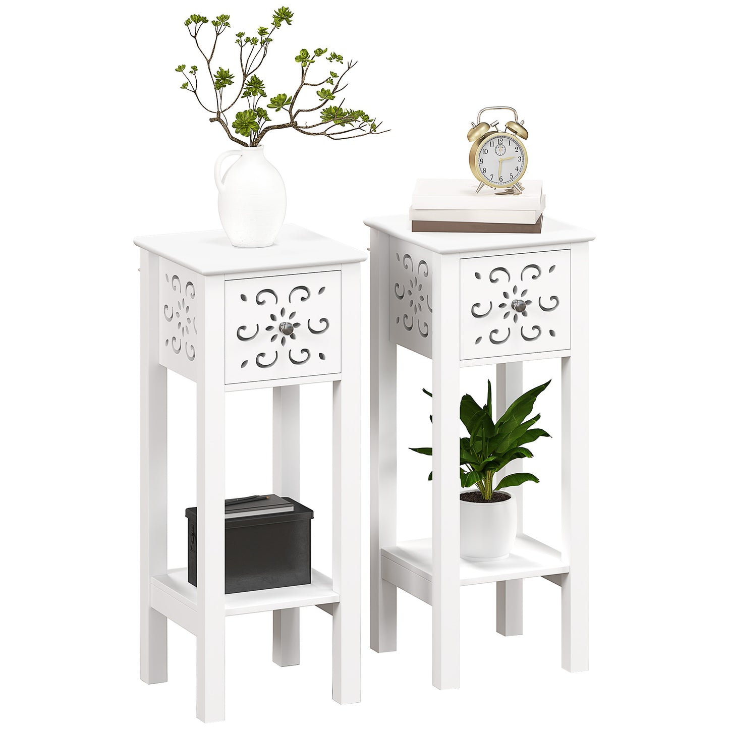 Set of Two Elegant Floral Cut-Out Side Tables in White