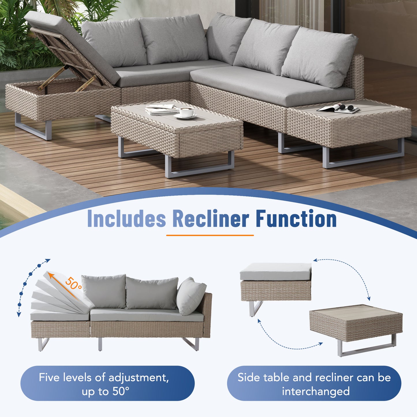 Mixed Khaki Rattan Corner Sofa Set with Coffee Table