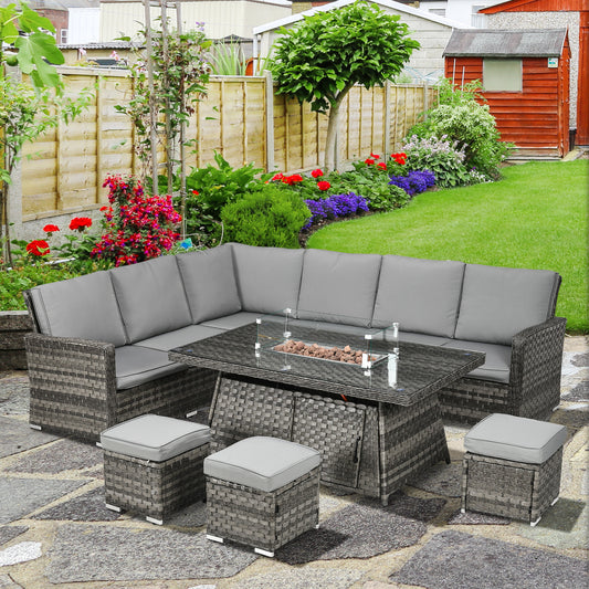 7 Piece Firepit Table Rattan Sofa Set - Grey