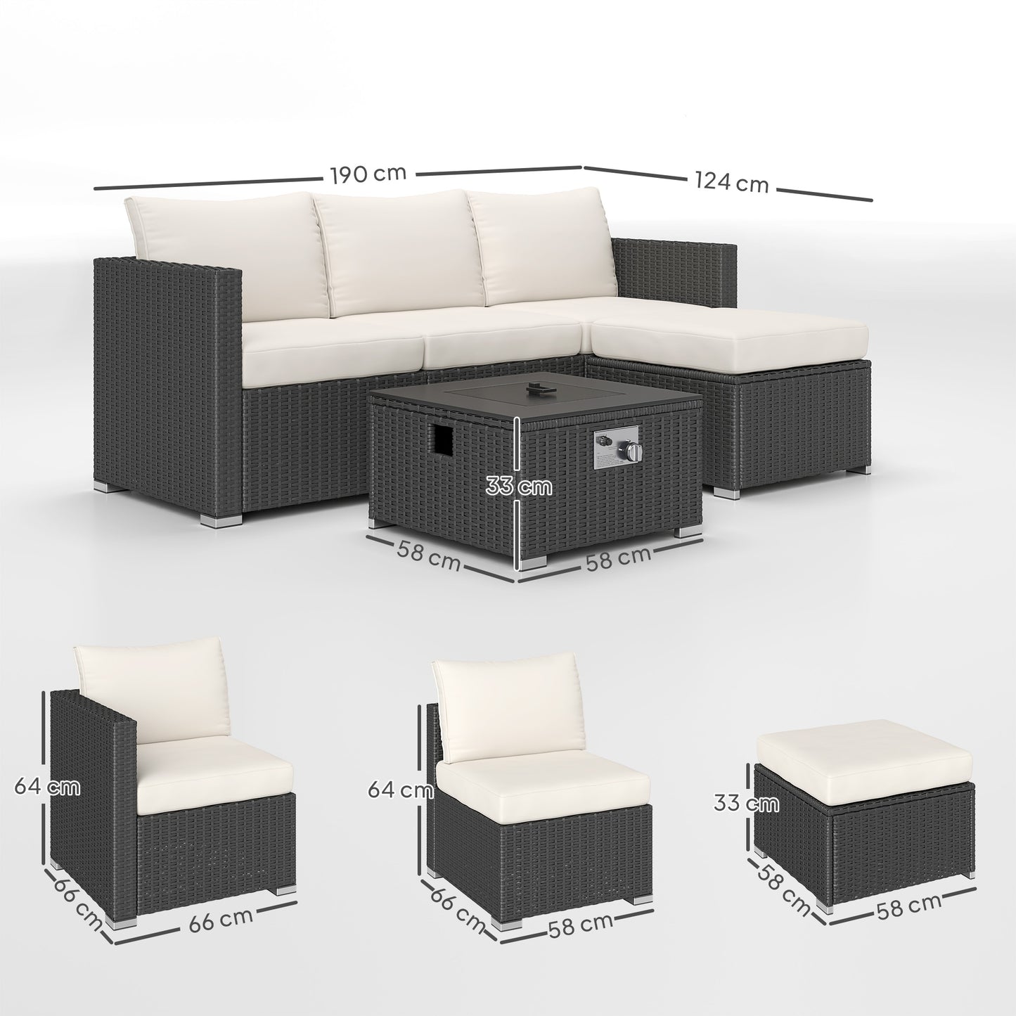 Five Piece Rattan Garden Furniture Set With Gas Fire Pit Table And Footstool