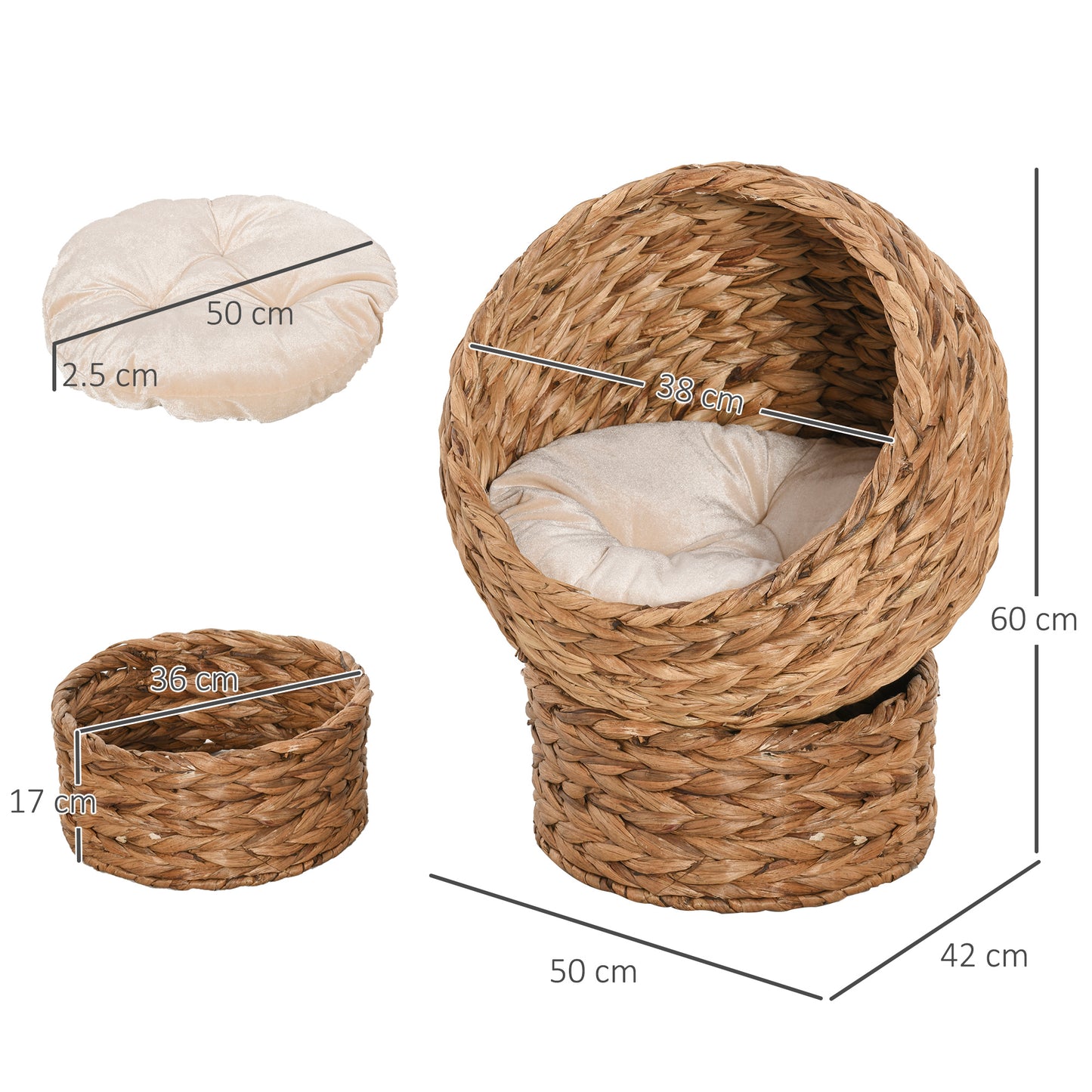 Raised Rattan Cat Basket With Cylindrical Base & Cushion
