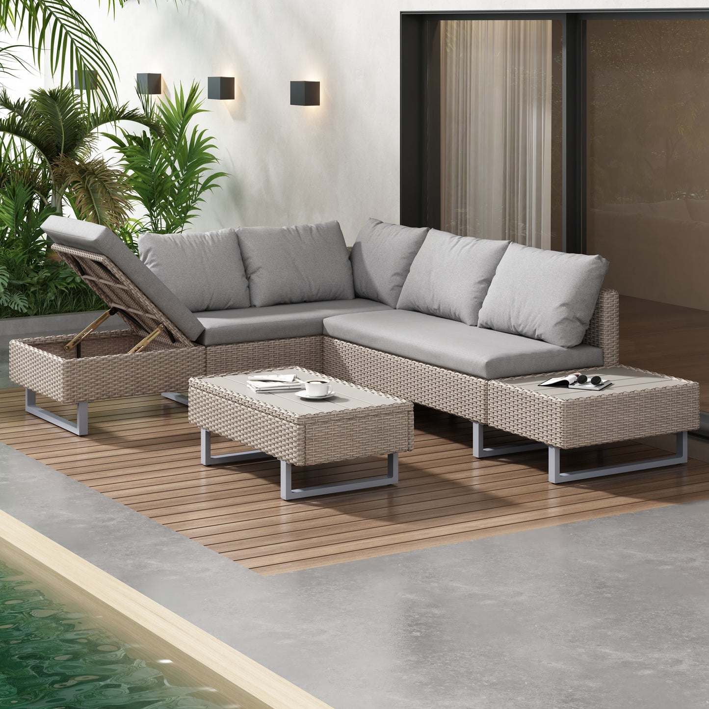 Mixed Khaki Rattan Corner Sofa Set with Coffee Table