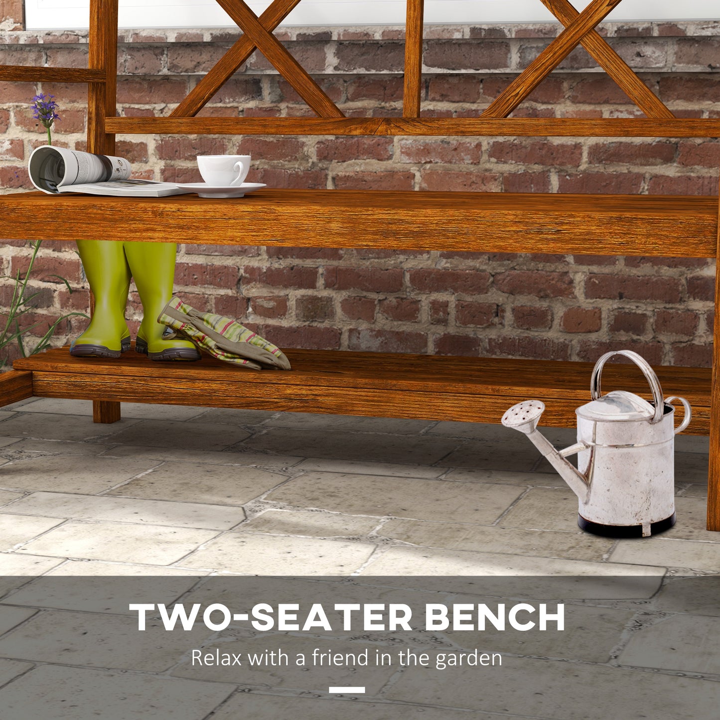 Two-Seater Fir Wood Bench With Bottom Shelf