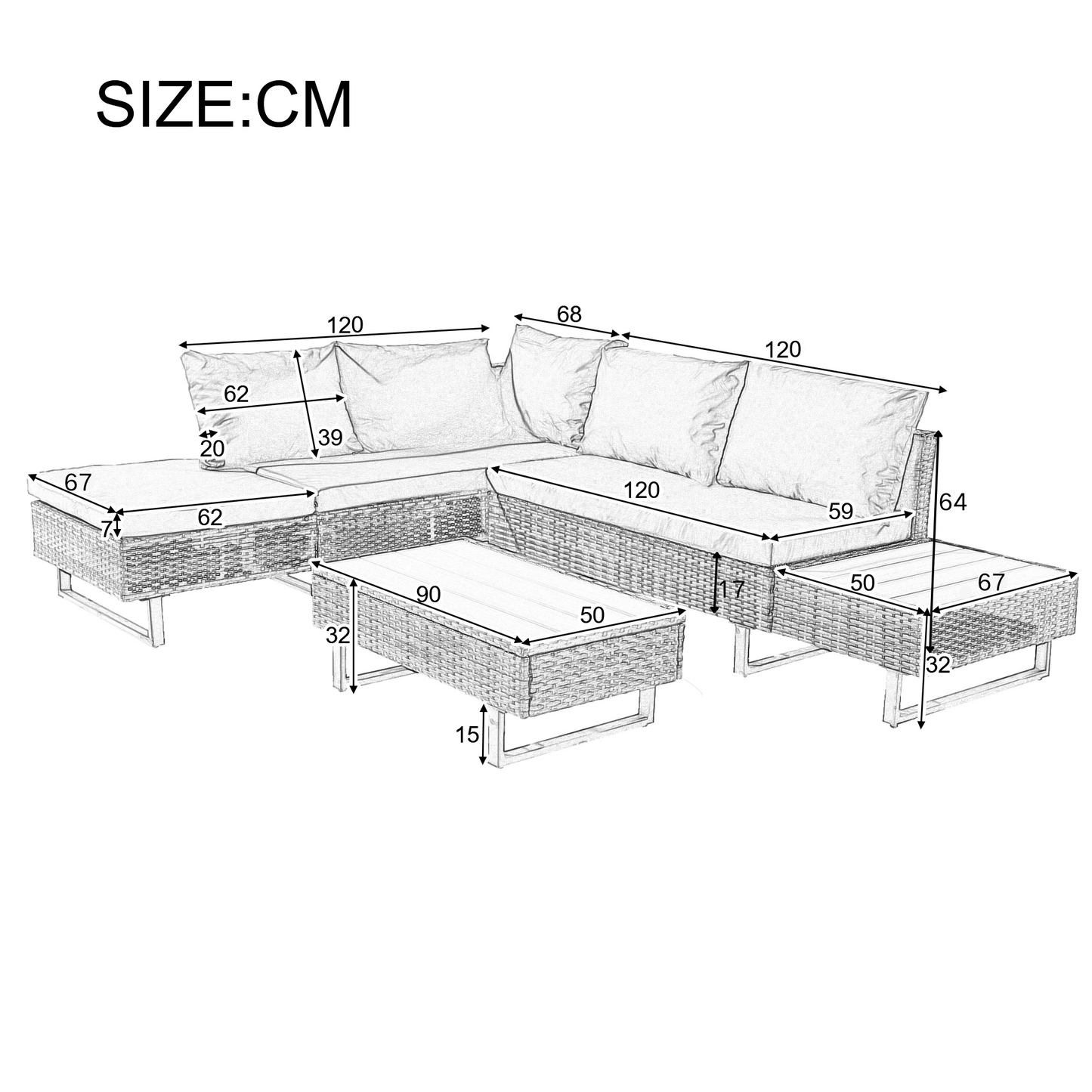 Mixed Khaki Rattan Corner Sofa Set with Coffee Table