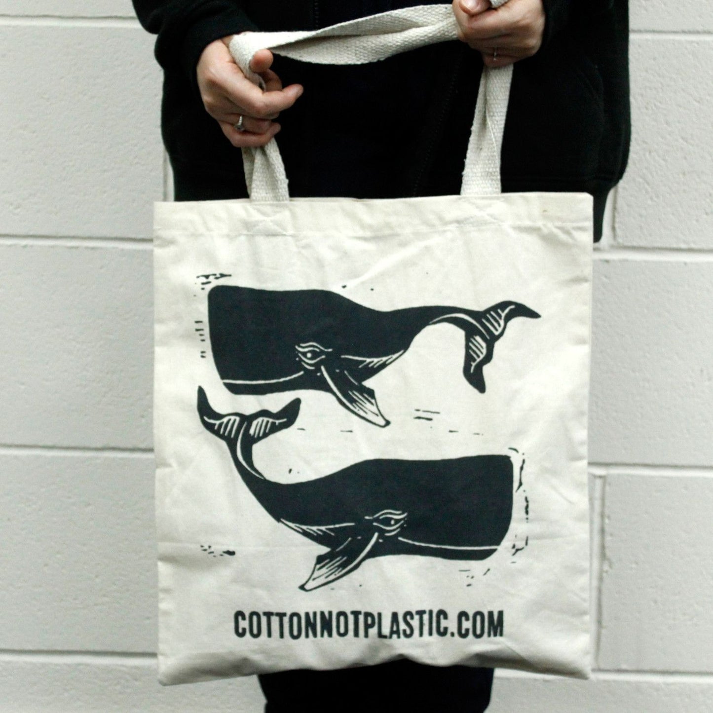 Large Natural 6oz Cotton Bag 38x42cm - WHALES