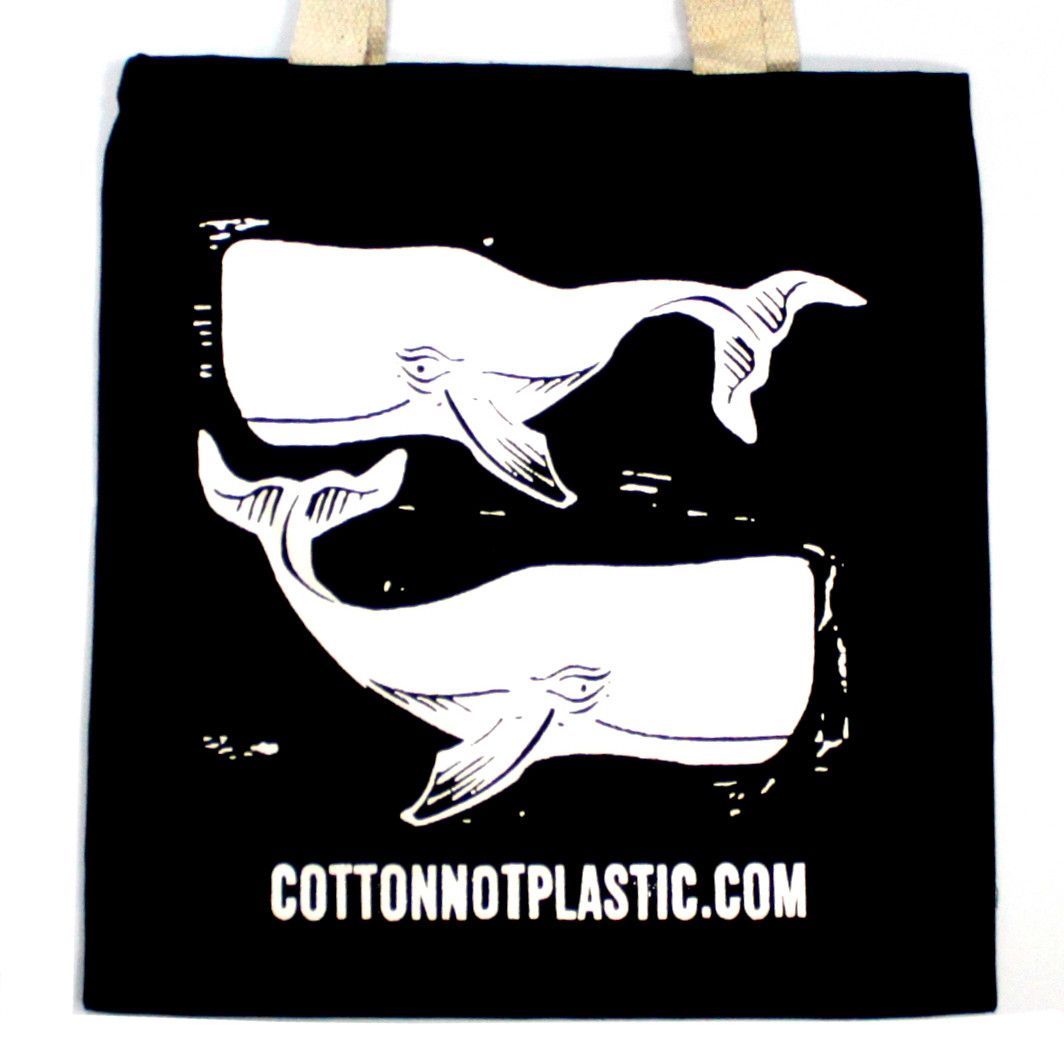 Large Black 8oz Cotton Bag 38x42cm - WHALES