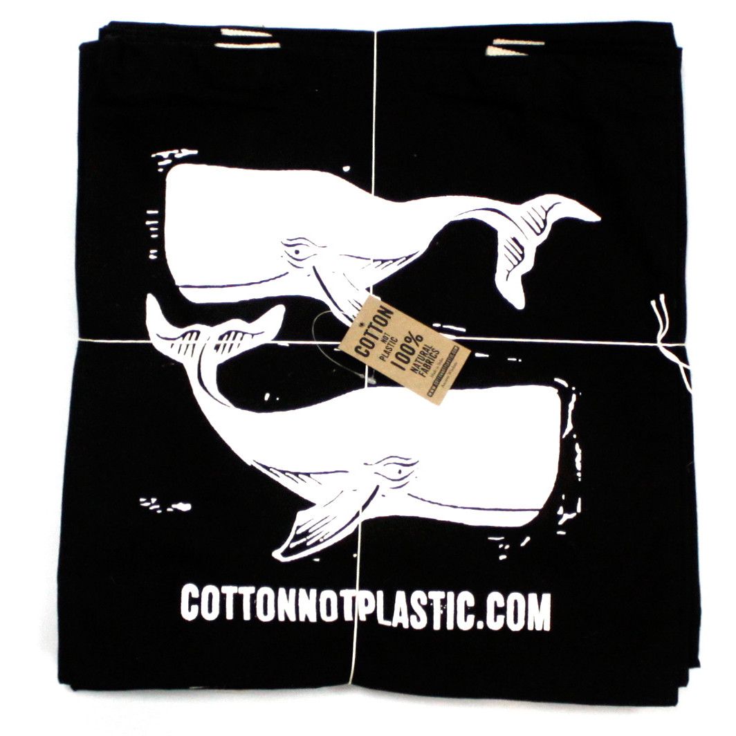 Large Black 8oz Cotton Bag 38x42cm - WHALES