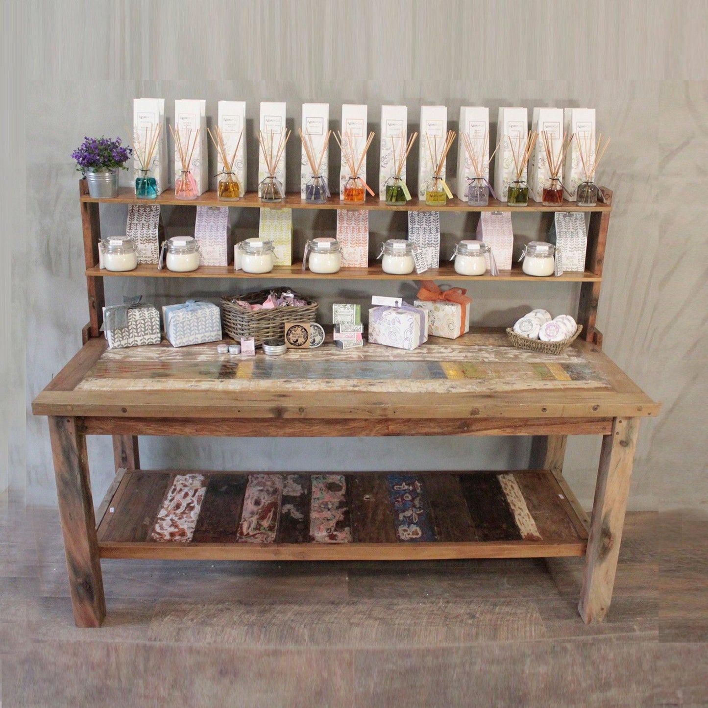 Reclaimed Timber Market Display Table with Shelves