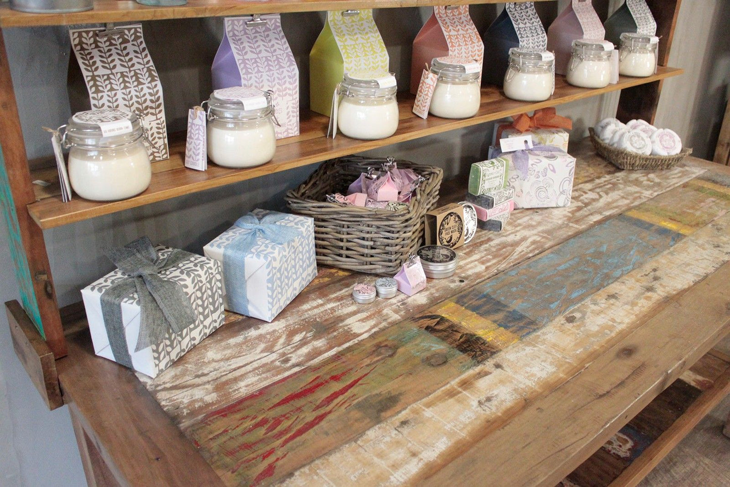 Reclaimed Timber Market Display Table with Shelves