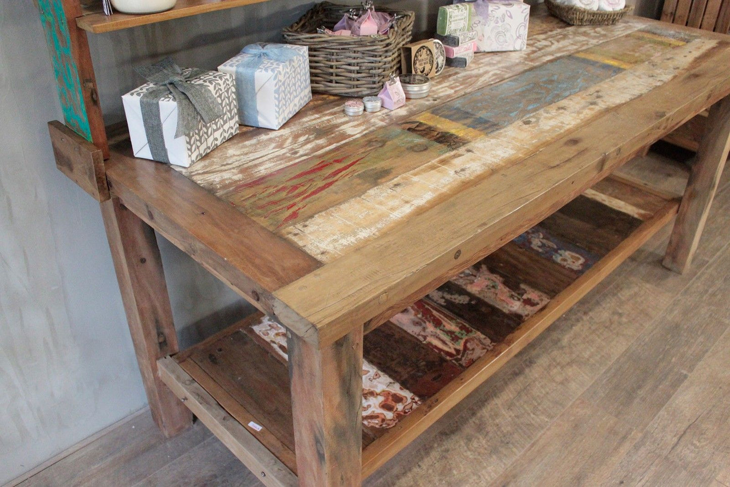 Reclaimed Timber Display Table with Shelves – 1.8m