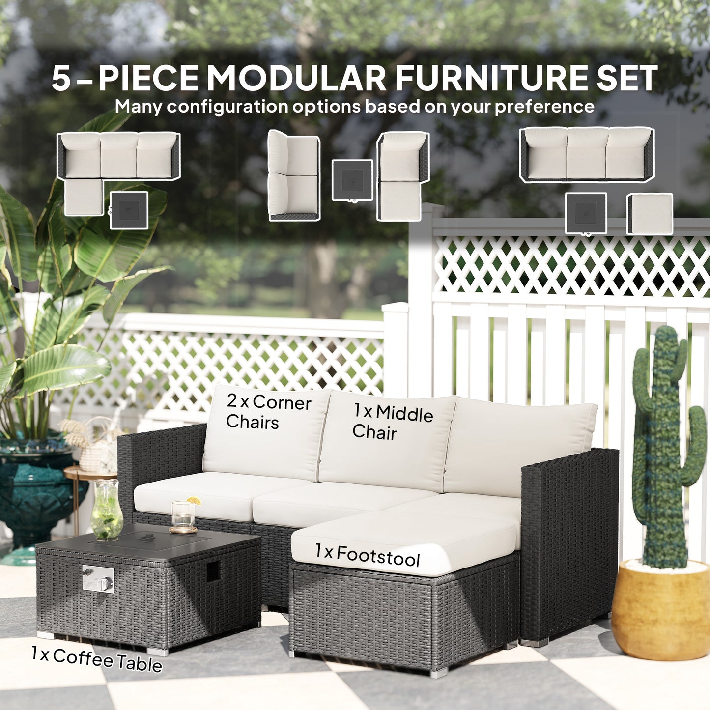 Five Piece Rattan Garden Furniture Set With Gas Fire Pit Table And Footstool