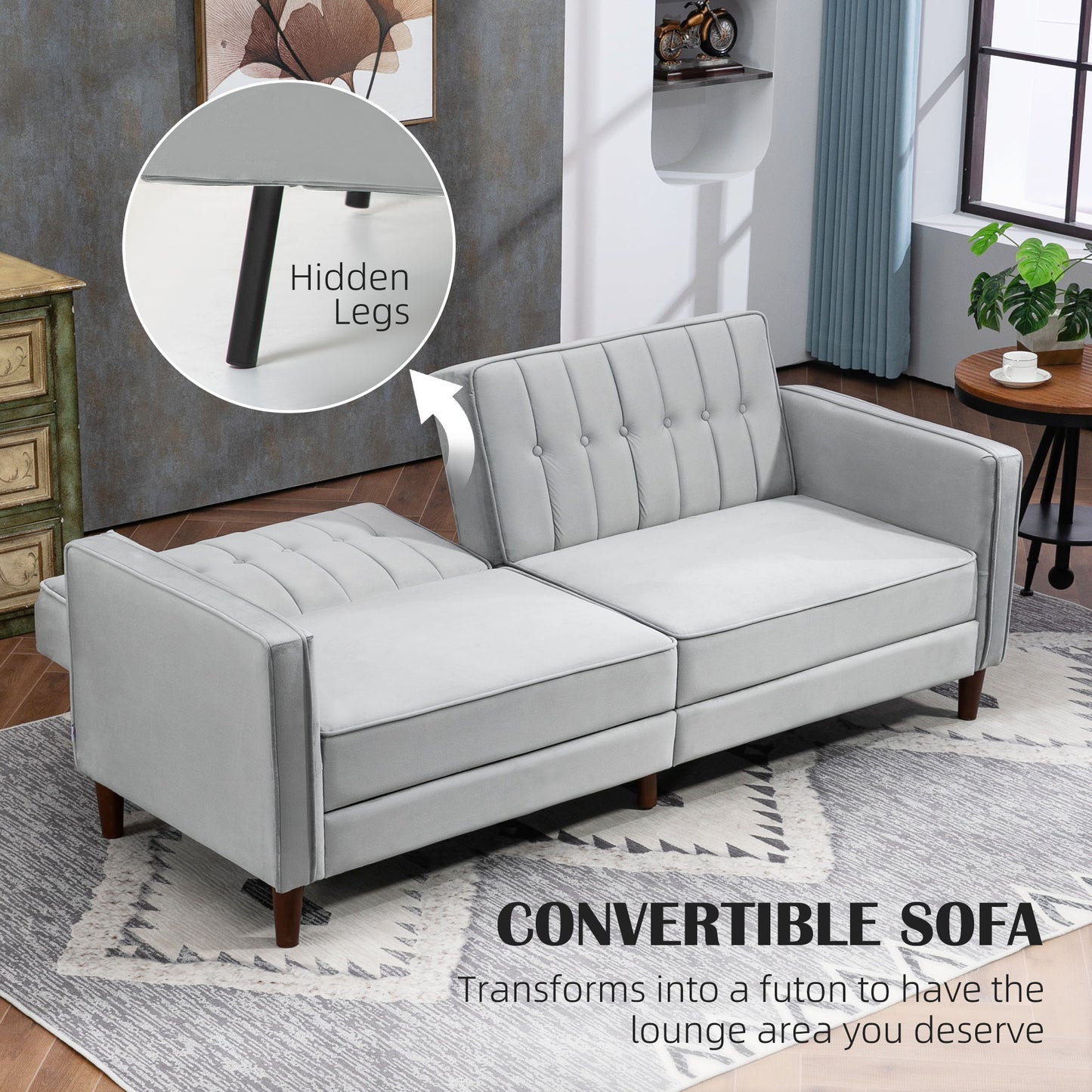 Modern Convertible Sofa Futon Velvet-Touch Tufted Couch Compact Loveseat With Adjustable Split Back
