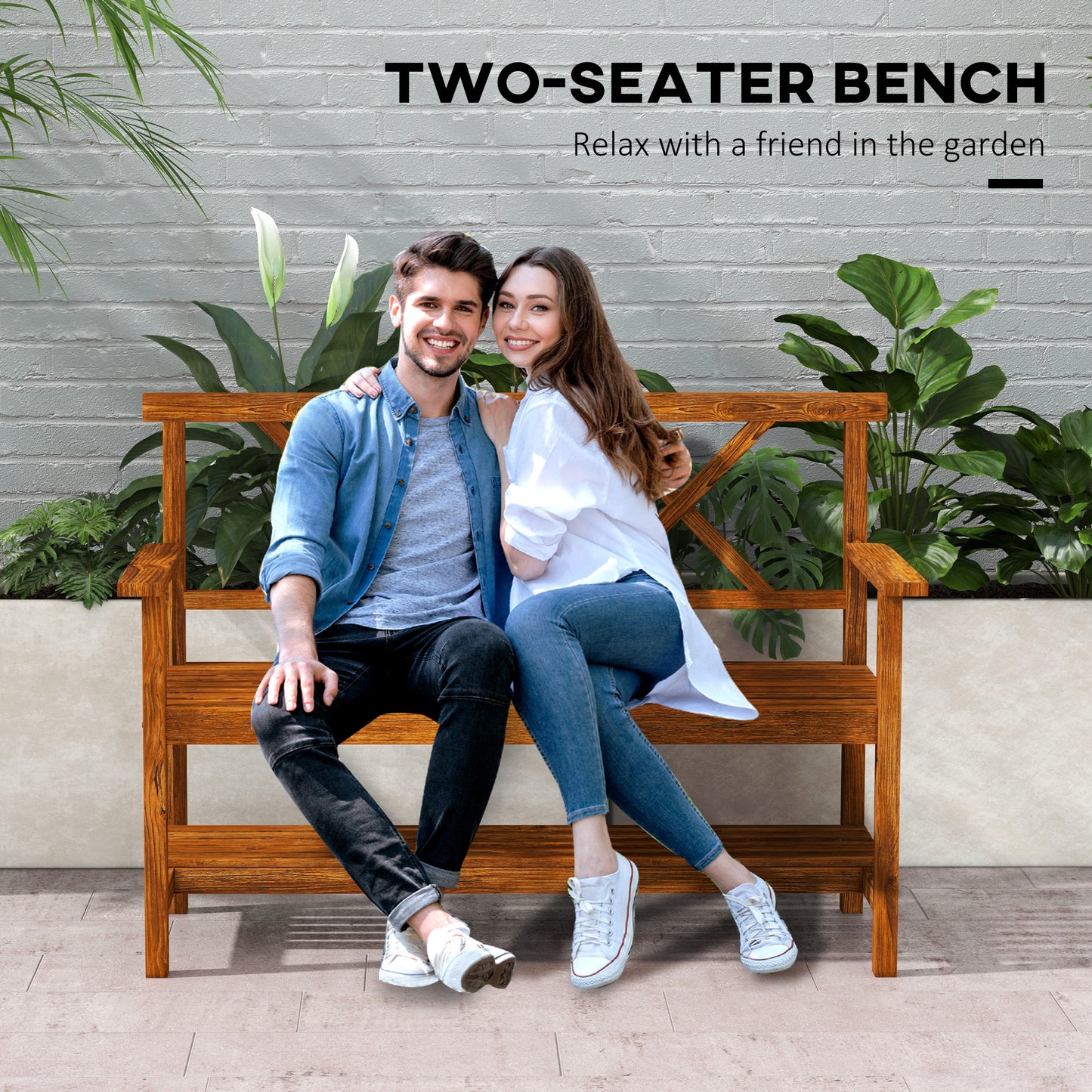 Two-Seater Fir Wood Bench With Bottom Shelf