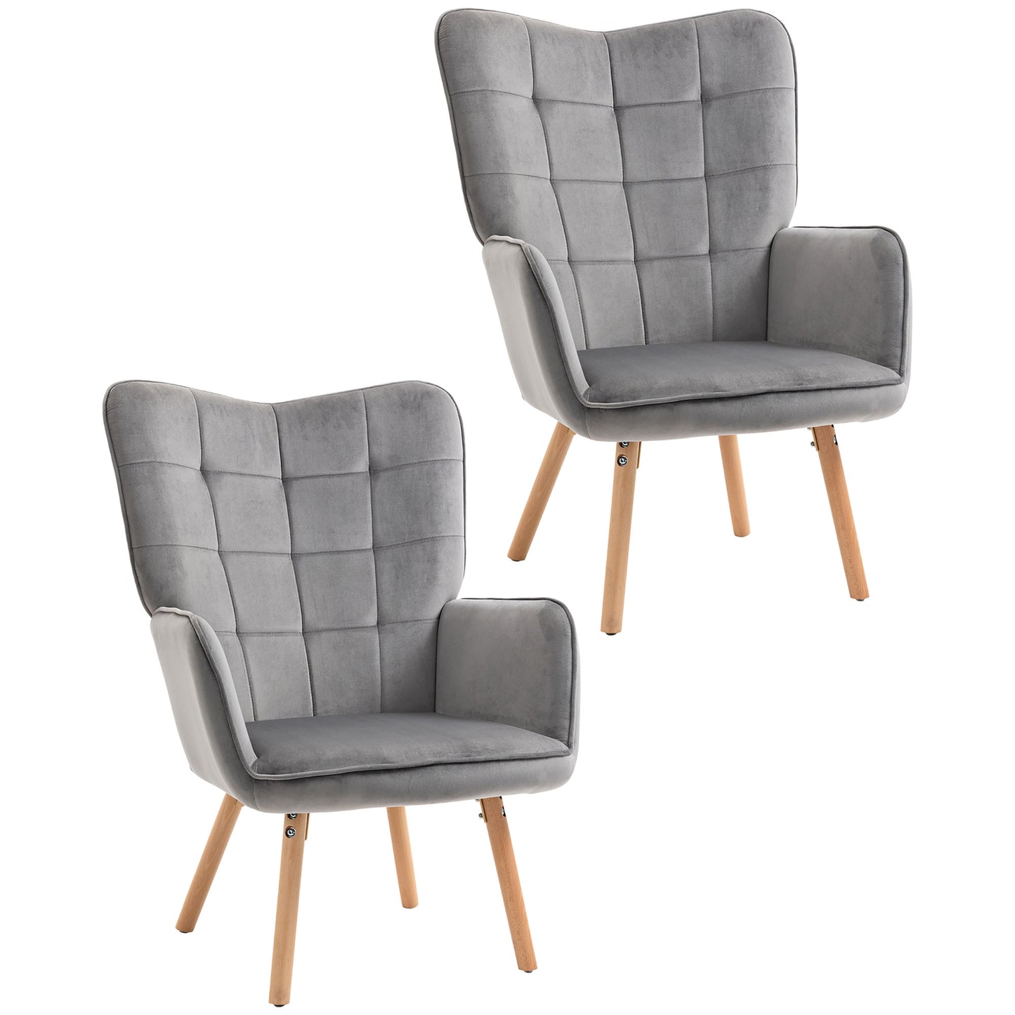 Set of Two Velvet-Touch Tufted Wingback Armchairs With Wooden Legs