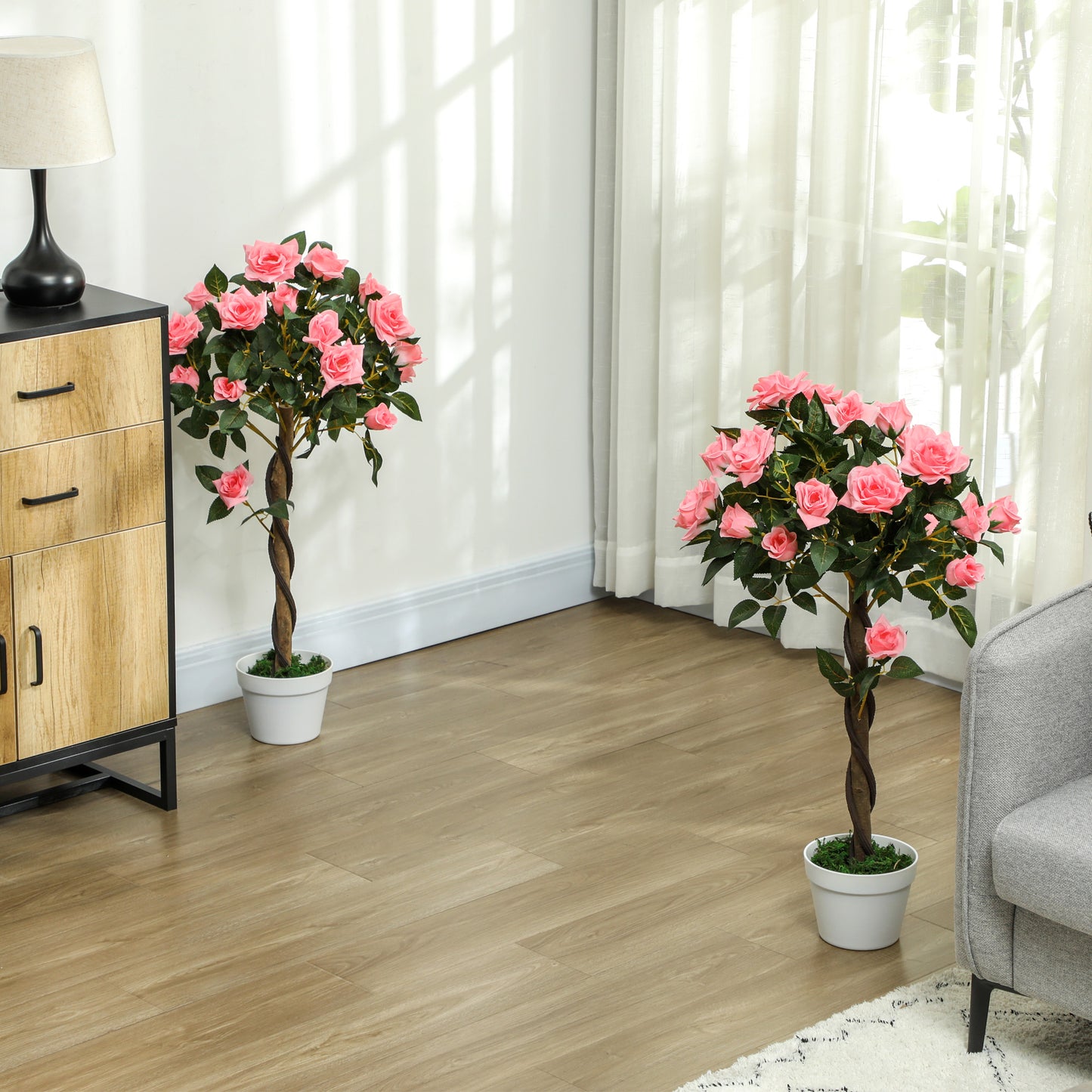 Set of 2 Artificial Plants Pink Rose Potted Plants