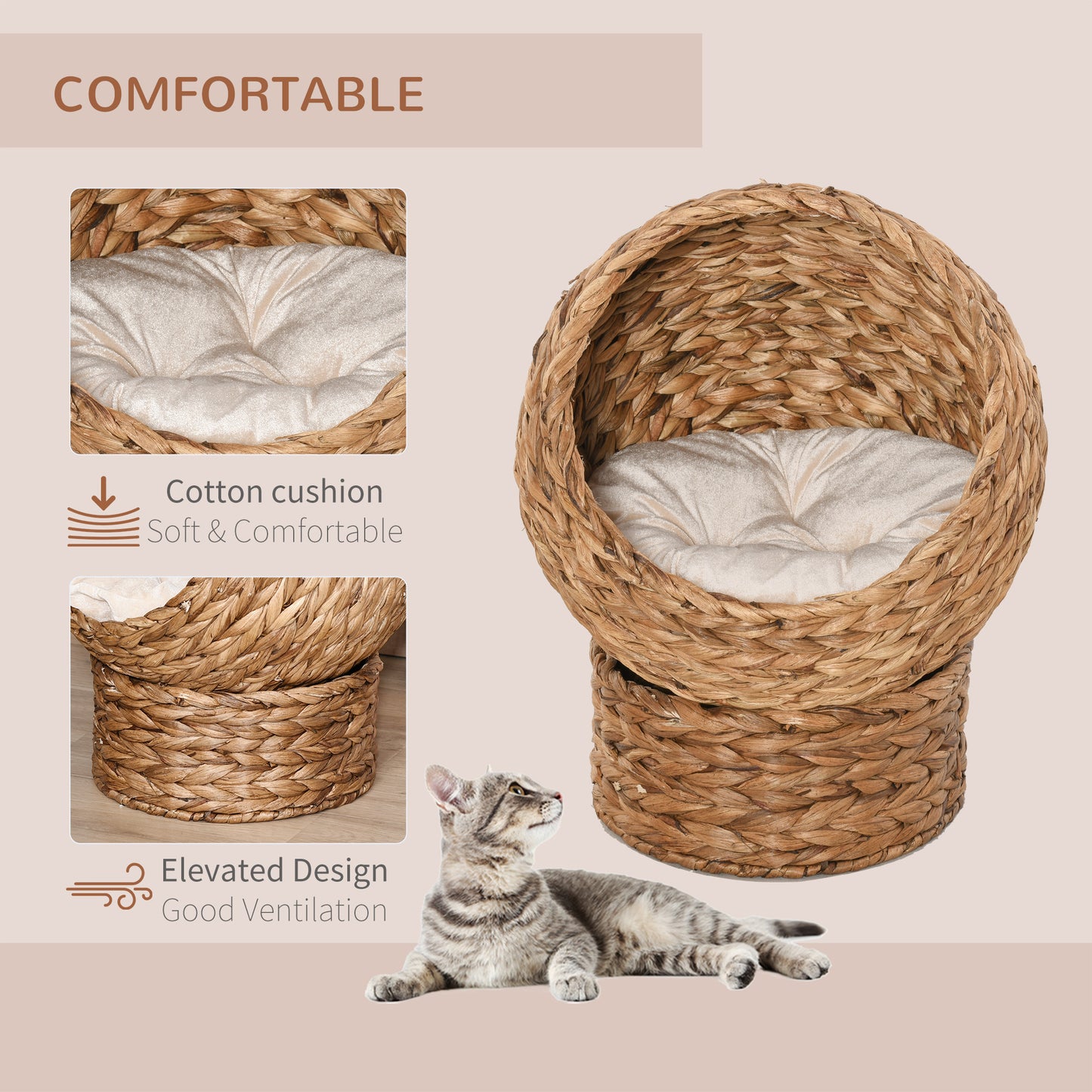 Raised Rattan Cat Basket With Cylindrical Base & Cushion