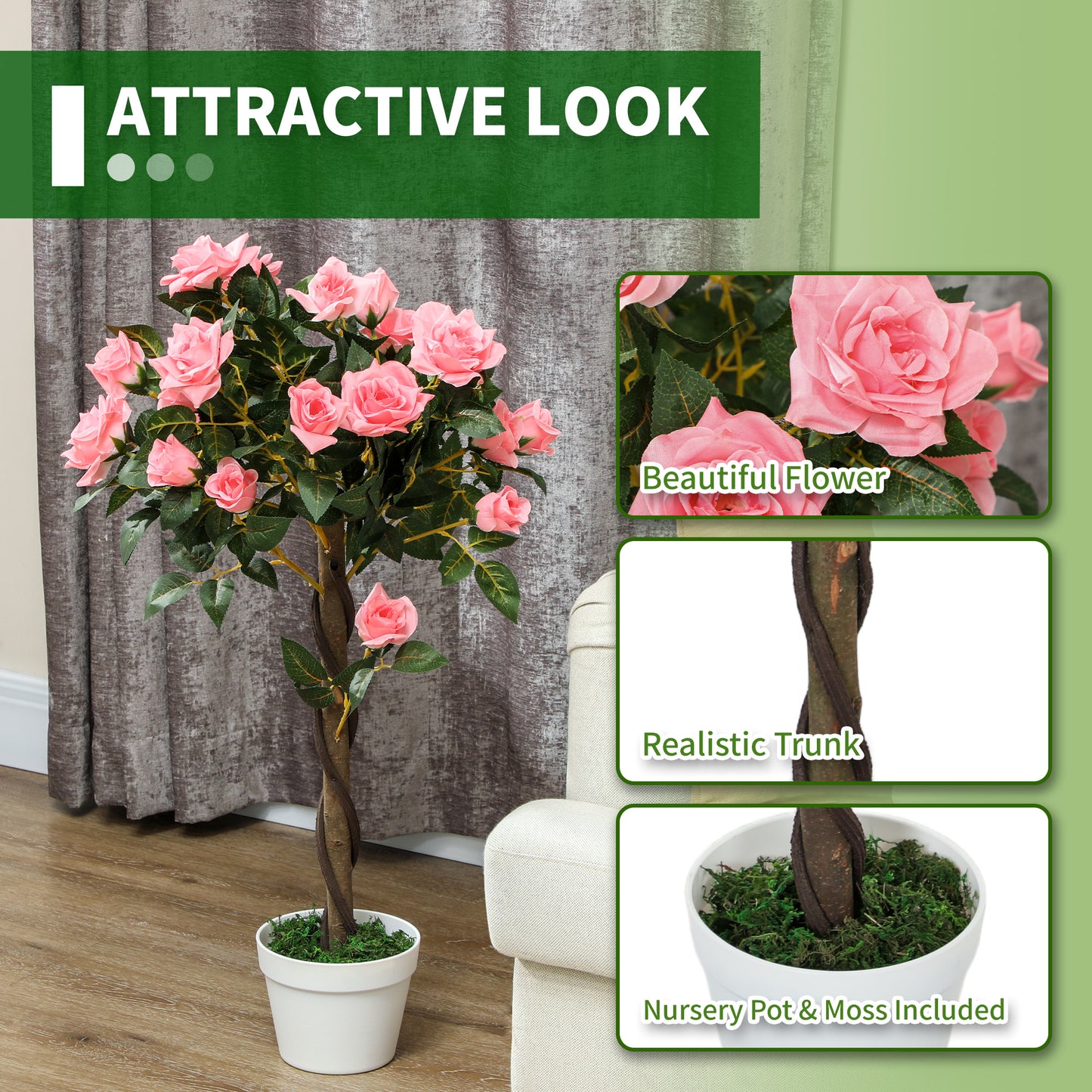Set of 2 Artificial Plants Pink Rose Potted Plants